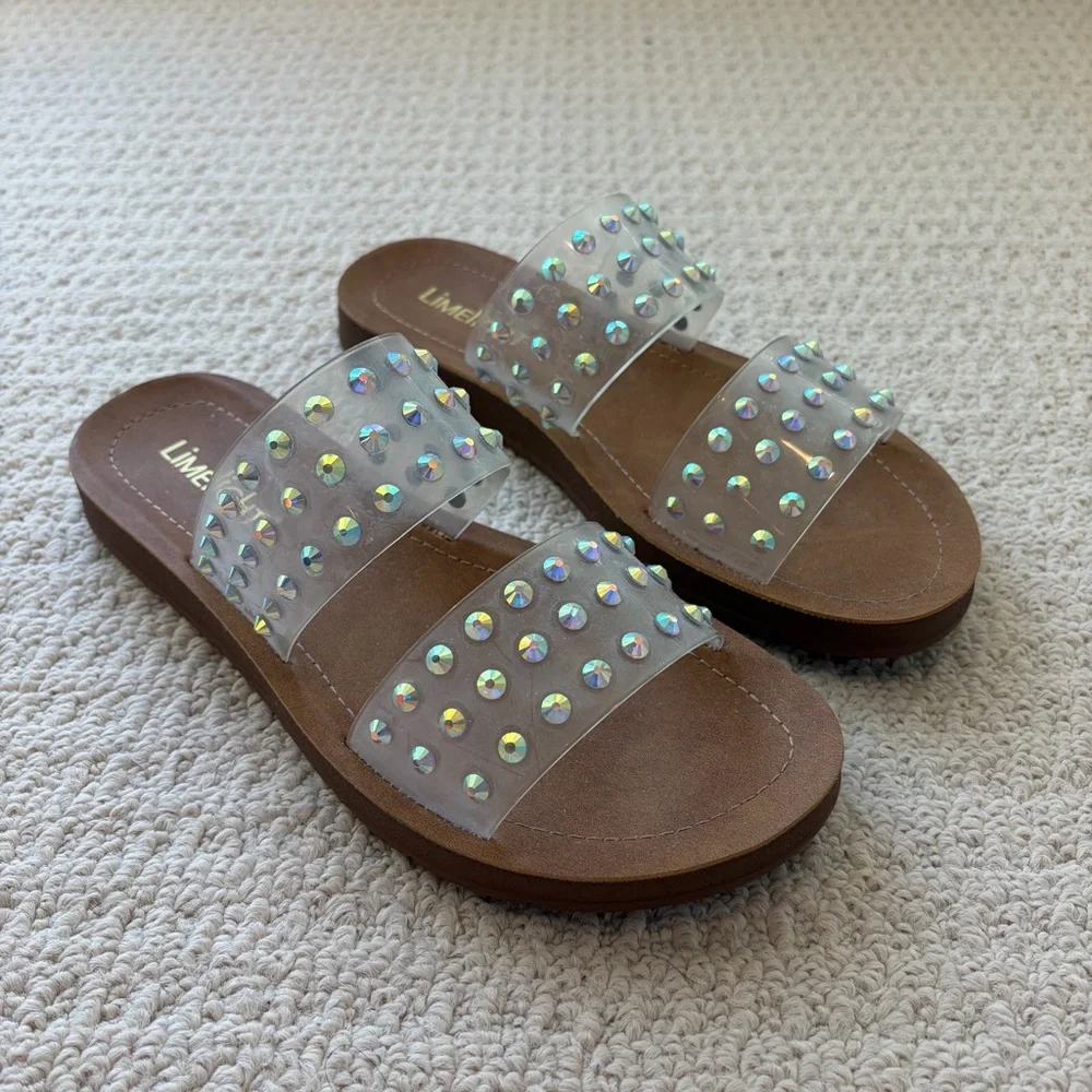 Limelight Studded Clear Strap Sandals Resortwear Vacation Rhinestone
